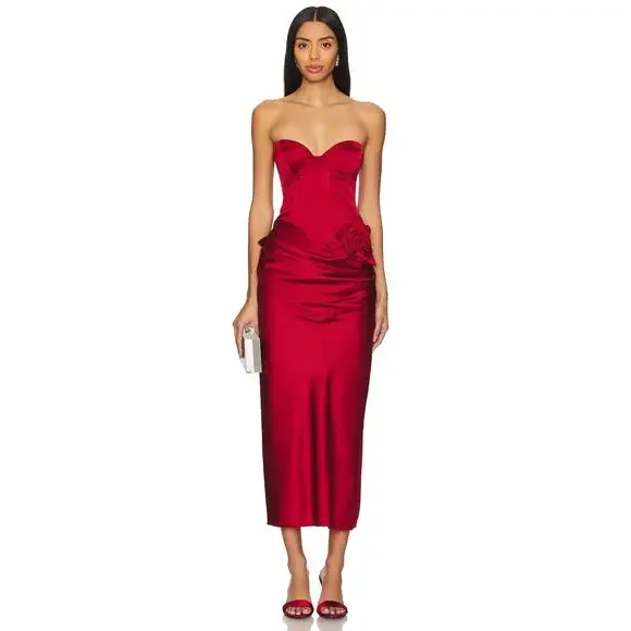 LPA Ilaria Corset Midi Dress Strapless Rosette Formal Party Elegant Red Size S